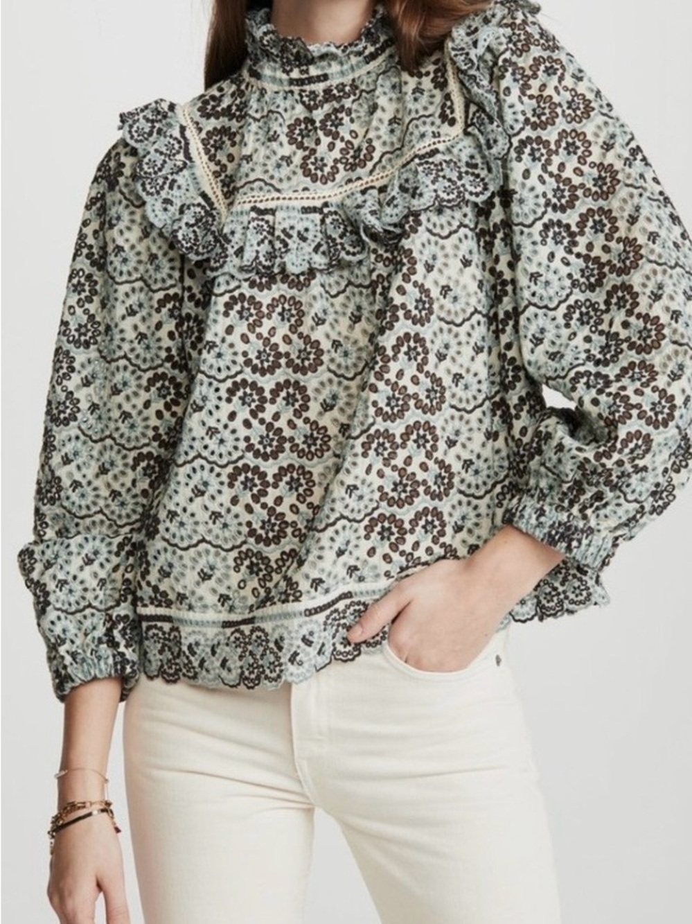 SEA NY Aurelia Eyelet Lace Mock Neck
Puff Sleeve Top Blouse Size 6